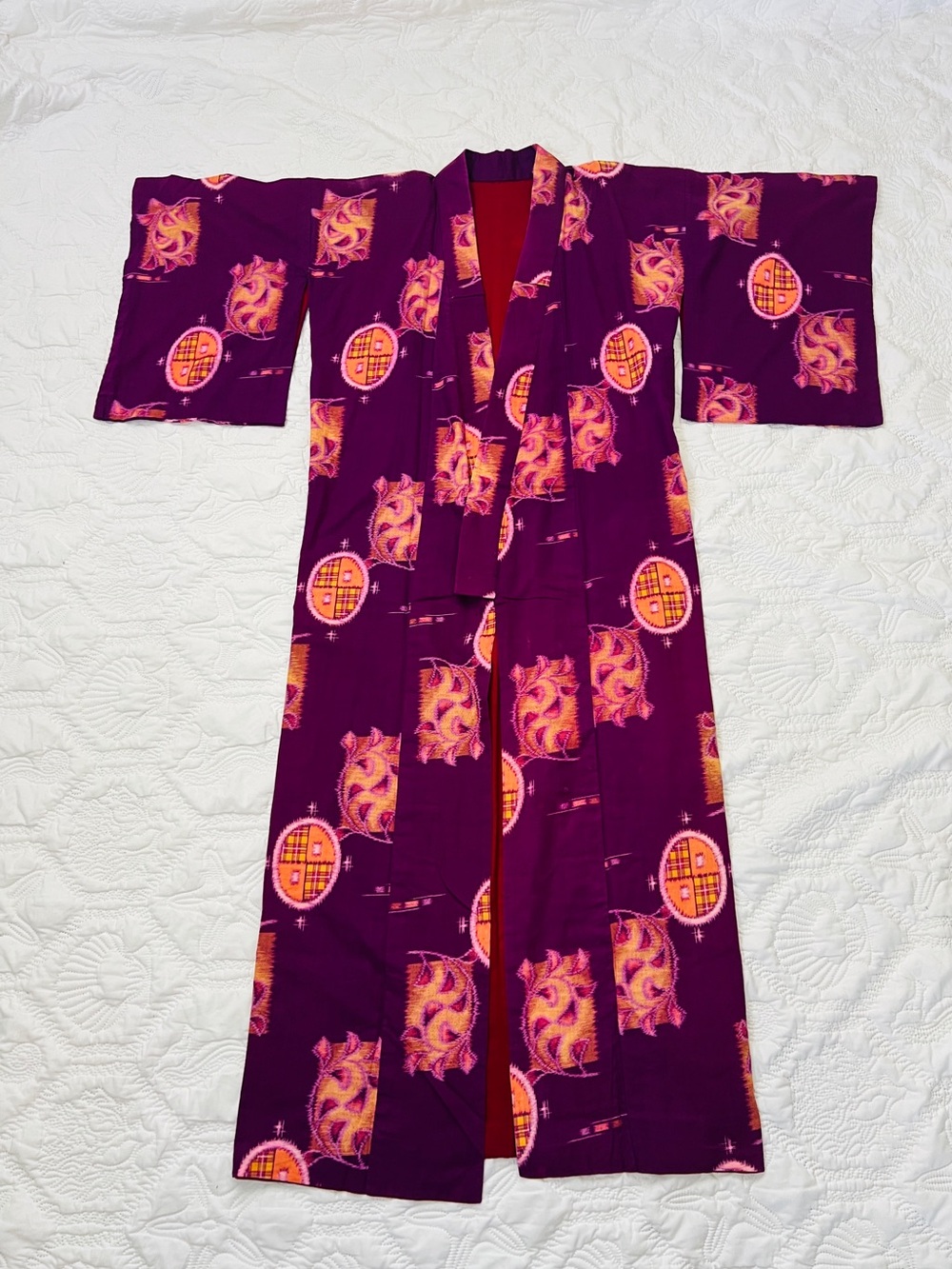 Vintage Handmade Japanese Kimono Robe 70’s purple orange design